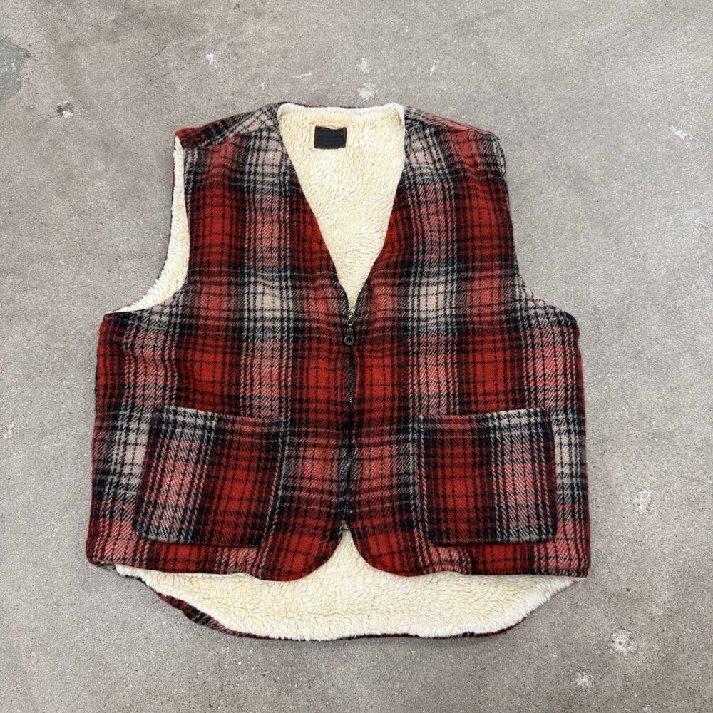 Vintage 90s Cactus Plaid Flannel Sherpa Lined Outdoor Western Vest Medium Men